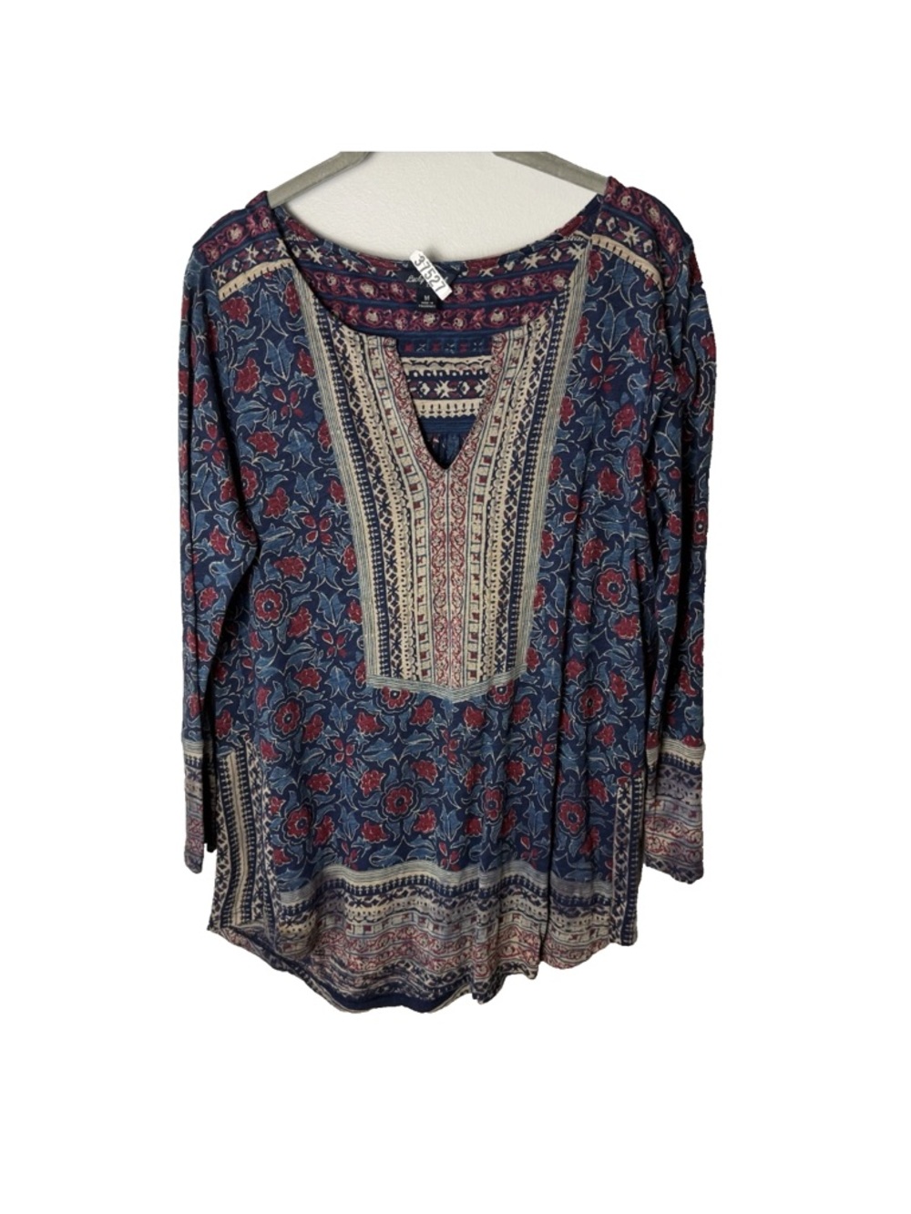 Lucky Brand Top Size Medium 3/4 Sleeves Cotton Blend Boho Floral Casual Blue Red